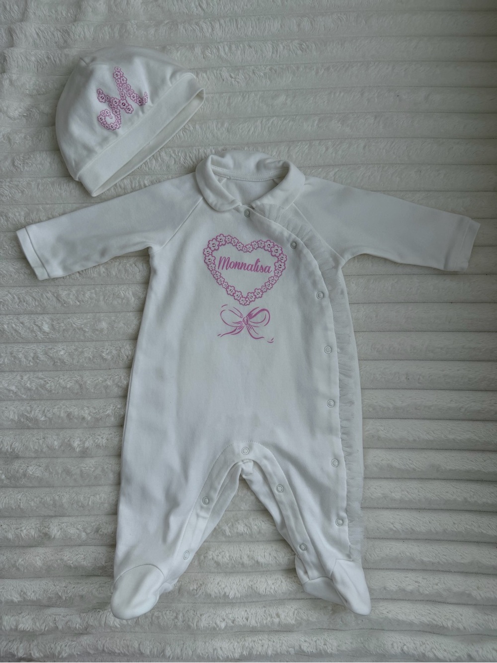MonnaLisa White One-Piece Footie with Pink Heart and Hat